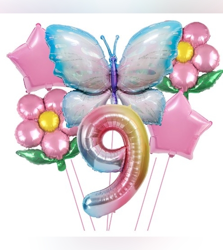Set baloane aniversare cu numere, din folie de aluminiu, 6 piese, 2 flori, 2 stelute, 1 fluture, 1 cifra, Multicolor, Cifra 9