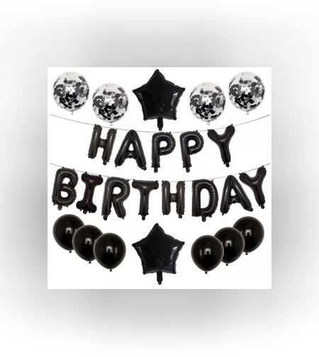 Set 25 de Baloane din Folie Metalizata si Latex, Flippy, Figurine 2 Stele, 4 Baloane Confetti, 13 Litere, 6 Latex, Model Happy Birthday, Tema Aniversare, 40 cm, Ambalaj Individual, Pai Inclus, Umflare cu Aer sau Heliu, Negru
