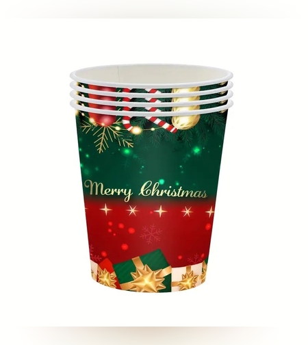 Set 16 Pahare de Unica Folosinta, Flippy, Model Merry Christmas, Tematica de Craciun, 9.14 cm, Rosu Verde