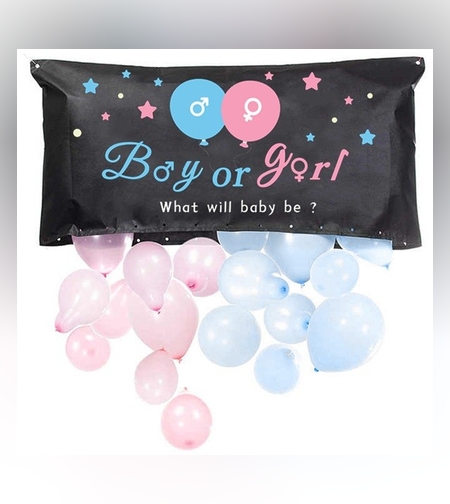 Set Gender Reveal, Flippy, Balloon Drop Bag, din Plastic si Latex, 24 Baloane Roz si Albastru 13 cm, Sac pentru Baloane 60 x 120 cm, Multicolor