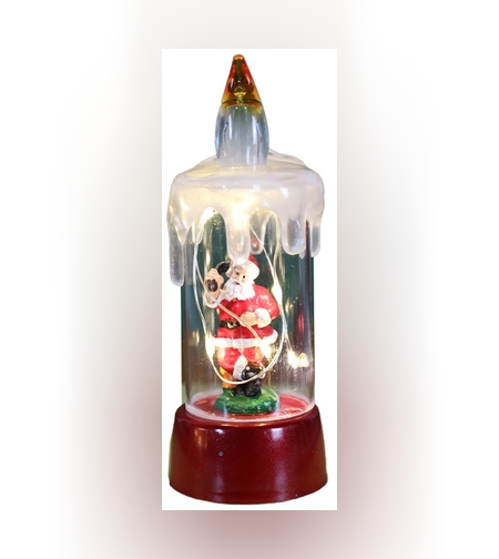 Decoratiune de Craciun tip Lumanare, Flippy, Lumanare de Cristal fara Fulgi de Zapada, Model Mos Craciun, Iluminare LED, 13 x 5 x 5 cm, Baza Rosie, Transparent