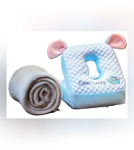 Set 2in1 Patura Microfibra si Perna din Spuma, Flippy, pentru Birou, Calatorii, Pauze, Model Elefant, Microfibra, 1x1.7 m, 30x35x30 cm, Albastru