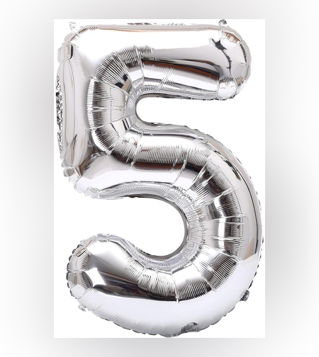 Balon din Folie Metalizata Flippy, Figurina Cifra, Tema Aniversare 40 cm, Ambalaj Individual, Pai inclus, Umflare cu Aer sau Heliu, Argintiu, Cifra 5