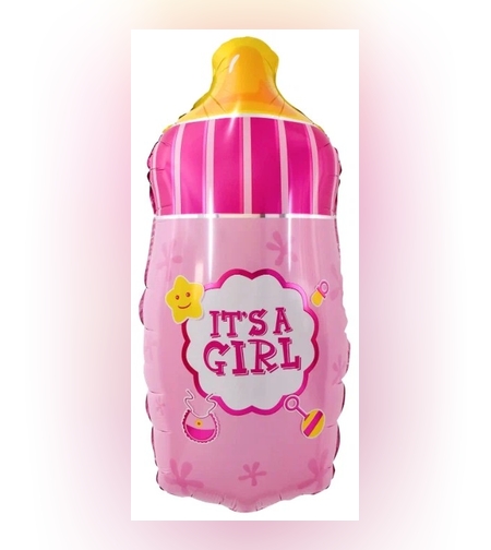 Balon din Folie Metalizata, Flippy, Mini Figurina Biberon, Model It's a Girl, Tematica Gender Reveal, 44x20 cm, Ambalaj Individual, Pai Inclus, Umflare cu Aer sau Heliu, Roz