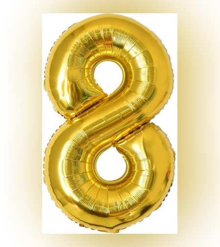 Balon din Folie Metalizata Flippy, Figurina Cifra, Tema Aniversare 100 cm, Ambalaj Individual, Pai inclus, Umflare cu Aer sau Heliu, Auriu, Cifra 8