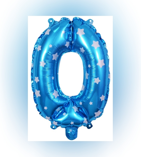 Balon din Folie Metalizata Flippy, Figurina Cifra, Imprimeu Stele, Tema Aniversare 80 cm, Ambalaj Individual, Pai inclus, Umflare cu Aer sau Heliu, Albastru, Cifra 0