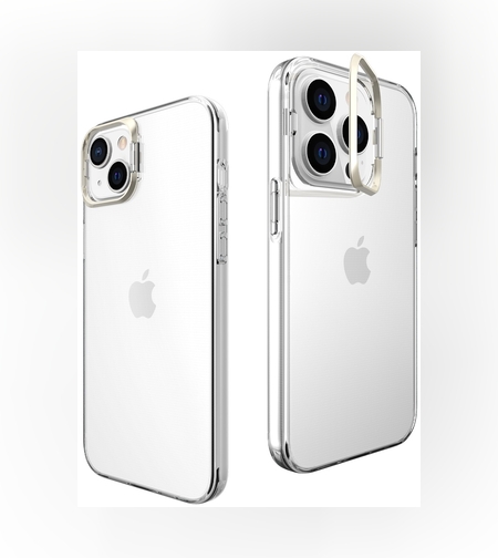 Husa de protectie pentru iPhone 14, cu suport metalic pentru camera, Bracket Series, Flippy, Protectie Antisoc, PC mat, silicon moale pe margini, Transparent