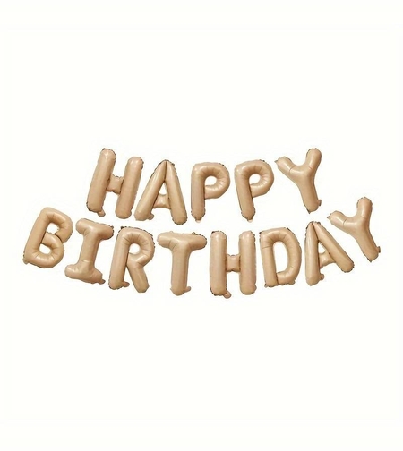 Set 25 de Baloane din Folie Metalizata si Latex, Flippy, Figurine 2 Stele, 4 Baloane Confetti, 13 Litere, 6 Latex, Model Happy Birthday, Tema Aniversare, 40 cm, Ambalaj Individual, Pai Inclus, Umflare cu Aer sau Heliu, Bej