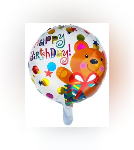 Balon din Folie Metalizata, Flippy, Mini Figurina Rotunda, Model Happy Birthday Ursulet, Tema Aniversare, 45 cm, Ambalaj Individual, Pai inclus, Umflare cu Aer sau Heliu, Maro
