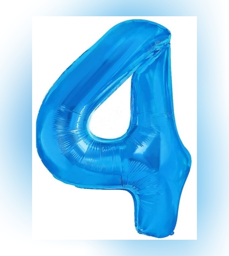 Balon din Folie Metalizata, Flippy, Figurina Cifra, Tema Aniversare 80 cm, Ambalaj Individual, Pai inclus, Umflare cu Aer sau Heliu, Albastru, Cifra 4