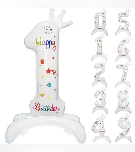 Balon din Folie Metalizata, Flippy, Figurina Cifra, Model 1 cu Happy Birthday Scris, Tema Aniversare 81 cm, Ambalaj Individual, Pai Inclus, Umflare cu Aer sau Heliu, Alb