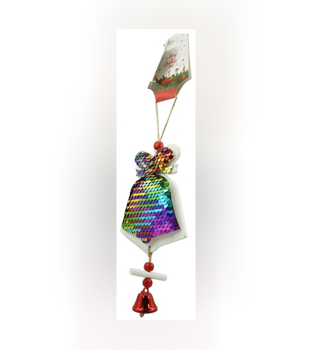 Ornament de brad clopotel din paiete, Flippy, multicolor, lemn, 18 cm