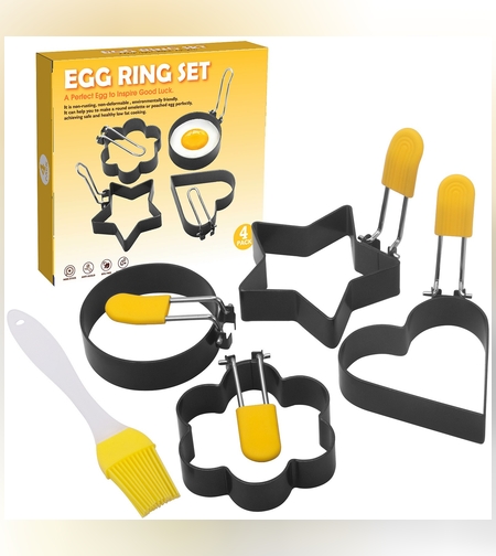 Set 4 forme pentru ou Flippy, din otel, strat antiaderent, diametru 7.5 cm, cu maner din ABS, negru