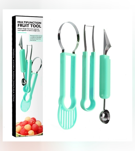 Ustensila bucatarie 4 in 1 pentru taiat si decorat fructe Flippy, material inox si plastic, compact, 28x6.2 cm, verde