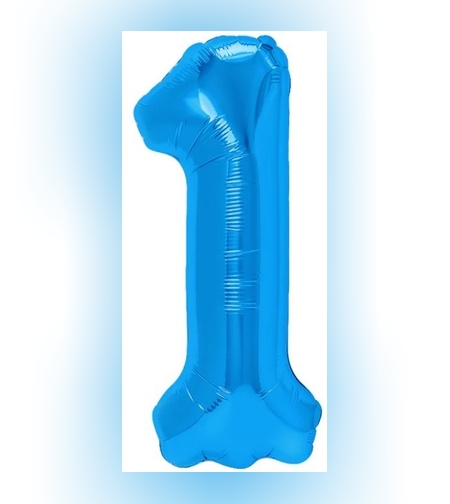 Balon din Folie Metalizata, Flippy, Figurina Cifra, Tema Aniversare 80 cm, Ambalaj Individual, Pai inclus, Umflare cu Aer sau Heliu, Albastru, Cifra 1