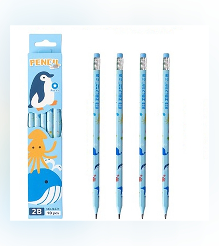 Set 10 Creioane Negre, Flippy, 2B, pentru Elevi Scoala, cu Radiera, Model Albastru cu Pinguini