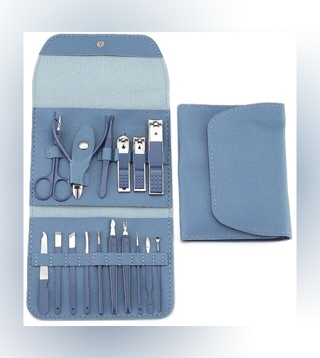 Set 16 Piese de Ingrijire Cosmetica, Flippy, pentru Manichiura, Pedichiura, Fata, Geanta Organizatoare din Piele Ecologica Inclusa, Albastru