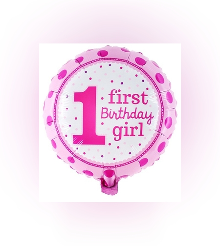 Balon din Folie Metalizata, Flippy, Prima Aniversare, Model First Birthday Girl, 45 cm, Ambalaj Individual, Pai Inclus, Umflare cu Aer sau Heliu, Roz