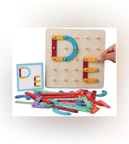 Jucarie Montessori Pegboard, Flippy, din Lemn, Tip Puzzle, Forme, Litere, Educativ, 17.8 x 17.8 x 1.5 cm, Multicolor
