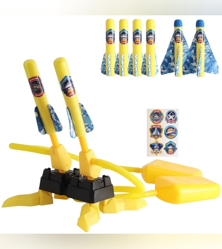 Jucarie pentru Copii, Flippy, Lansator de Rachete cu Piciorul, Doua Lansatoare, 6 Rachete Fara Lumini, 45x18 cm, Galben