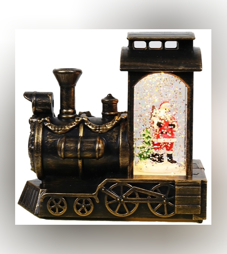 Decoratiune de Craciun tip Locomotiva, Flippy, Glob de Cristal cu Fulgi de Zapada, Model Mos Craciun, Iluminare LED, 11.5 x 12.5 x 6 cm, Carcasa Vintage Bronze, Transparent