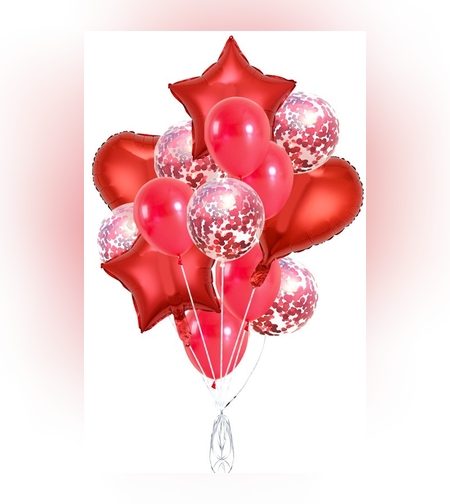 Set 14 Baloane din Folie Metalizată si din Latex, Flippy, Figurine Stea si Inima 45 cm, Baloane Latex 30 cm, Tema Buchet, Ambalaj Individual, Pai Inclus, Umflare cu Aer sau Heliu, Rosu