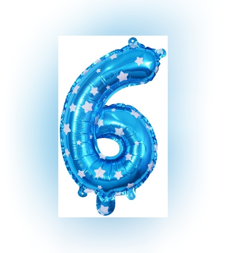 Balon din Folie Metalizata Flippy, Figurina Cifra, Imprimeu Stele, Tema Aniversare 80 cm, Ambalaj Individual, Pai inclus, Umflare cu Aer sau Heliu, Albastru, Cifra 6