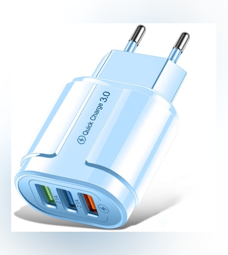 Incarcator Rapid QC3.0, Flippy, 3 Porturi USB, 2.1A, 18W, din ABS, Protectie Supraincalzire, Gama Macarons, Albastru