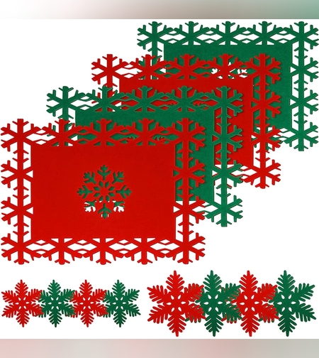 Set 12 Servete pentru Masa si Suporturi de Pahare/Tacamuri, Flippy, 4 Servete 25x35 cm, 4 Suporturi de 13x15 cm, 4 Suporturi de 9.3x10.5 cm, Verde-Rosu