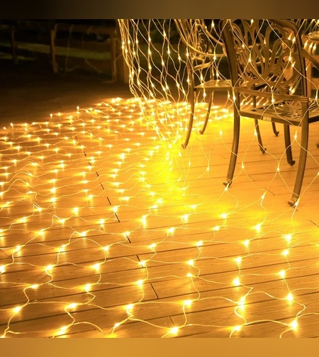 Instalatie Craciun Yoto, Tip Plasa, 1.2 m x 1.2 m, 80 LED-uri, Prelungitor 1.5 m, 8 Jocuri de Lumini, Interconectabila, Fir transparent, Interior/Exterior, Alb Cald