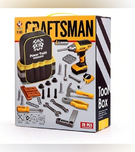 Set Scule de Jucarie pentru Copii, Flippy, Ghiozdan cu Bormasina si Accesorii Incluse, 28 Piese, Material Plastic Durabil, Interactiv, +3 Ani, 30.5x25x11 cm, Negru/Portocaliu