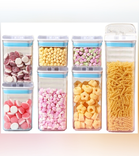 Cutii de Depozitare Alimente, Flippy, Set din 7 Cutii de tip Container, 2x0.5 l, 2x0.8 l, 2x1.2 l, 1x1.9 l, Recipiente pentru Cereale in Bucatarie,  Transparente cu Capac Albastru-Alb