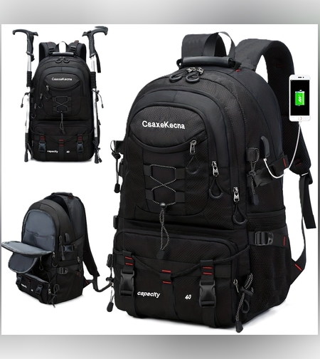 Rucsac Multifunctional de Alpinism, Flippy, Capacitate 36-55 L, de Calatorie, Impermeabil, Slot USB Incarcare Telefon, Bretele Reglabile, 52 x 34 x 19 cm, Negru