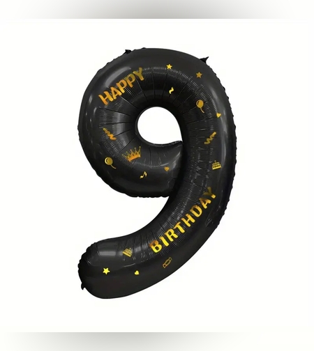 Balon din Folie Metalizata Flippy, Figurina Cifra, Scris Happy Birthday, Tema Aniversare 100 cm, Ambalaj Individual, Pai inclus, Umflare cu Aer sau Heliu, Negru, Cifra 9