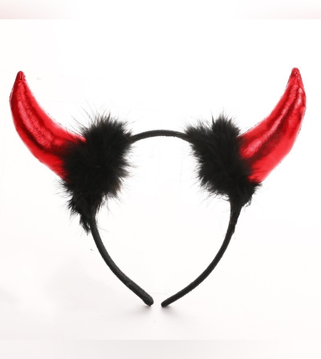 Coronita Deghizare, Flippy, Model Cornite Devil, Rosu Satinat cu Puf Negru, Marime Universala