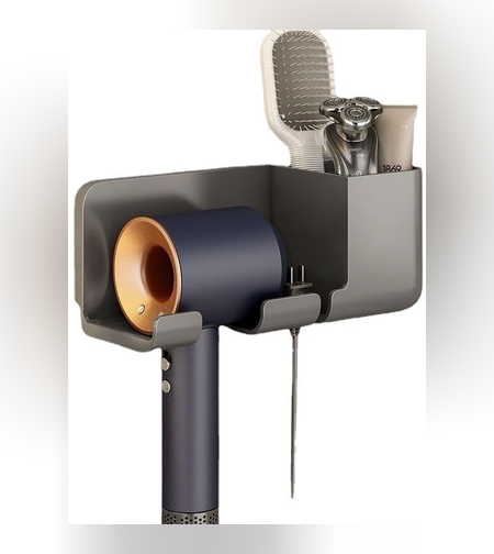 Suport de Baie, Flippy, pentru Uscator de Par, cu Organizator Dublu, din Plastic, Aplicare cu Suport Adeziv, 23 x 8.8 x 9.5 cm, Negru
