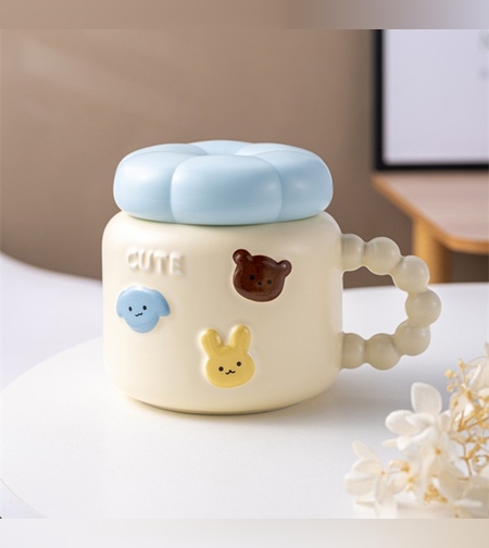 Cana pentru Copii, Flippy, din Portelan, print Figurine Animalute, Model CUTE, Cana cu Capac, Ceasca pentru Cafea, Ceai, 400ml Galben deschis