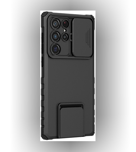 Husa Defender cu Stand pentru Samsung Galaxy S24 FE, Flippy, Suport reglabil, Antisoc, Protectie glisanta pentru camera, Negru