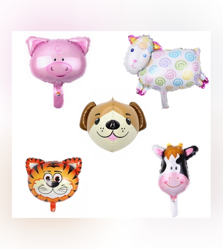 Set 5 Baloane Folie Metalizata, Flippy, Figurine Animale Domestice, 30 cm, Ambalaj Individual, Pai inclus, Umflare cu Aer sau Heliu, Multicolor