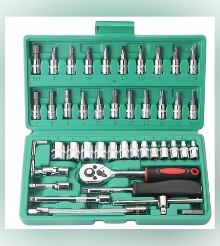Chei tubulare Set 46 de Piese, Flippy, Trusa Scule de Reparatii Auto, Prelungitoare Rigid si Flexibil, Articulatie Cardanica, Antrenor de Forta Glisant, Adaptoare, Maner pentru Surubelnita, 23 x 12 x 4 cm, 1.9 kg, Cutie Verde