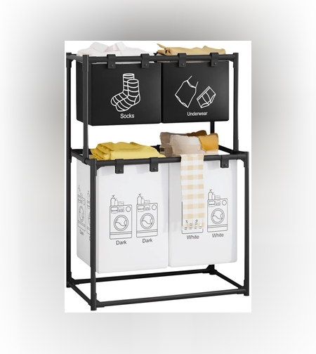 Cos de Rufe, Flippy, cu 2 Etaje, 4 Cosuri, Cadru de Otel Inoxidabil, 97x44x57 cm, Negru