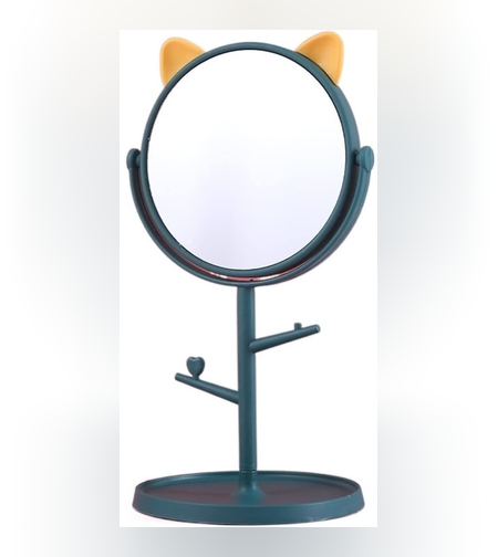 Oglina Cosmetica cu Picior, Flippy, HD, Rotire 360 Grade, 15 cm Diametru, Suport Bijuterii Baza Rotunda + 2 Brate, Model cu Urechi, 31 x 14.5 x 15 cm, din Plastic, Albastru/Galben