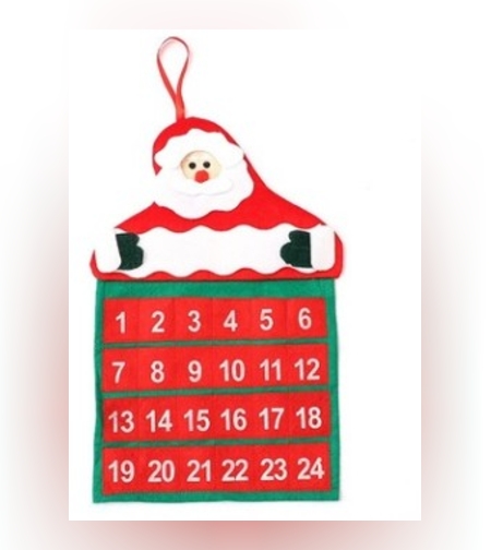 Calendar de Craciun Flippy, Mos Craciun, tip decoratiune, material poliester, cu buzunarele, pentru brad sau prete, 20 x 30 cm, multicolor