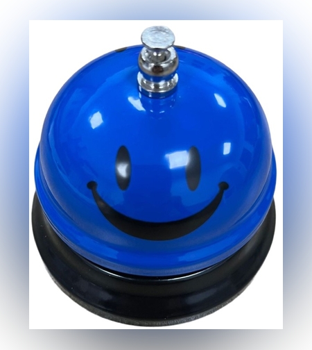 Clopotel Metalic Multifunctional, Flippy, Albastru cu Imprimeu Smiley Face, 7.5x7.5x6.5 cm, Receptie, Restaurant, Cafenele