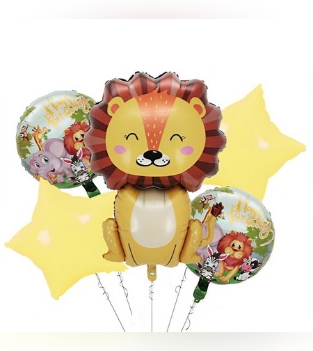 Set 5 Baloane din Folie Metalizata, Flippy, Figurine, Tema Aniversare Jungla, Pai Inclus, Ambalaj Individual, Umflare cu Aer sau Heliu, Figurina Leu 69.5x101 cm, Stelute si Cerculete 45 cm, Multicolor
