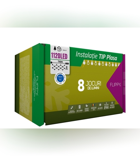 Instalatie Craciun, Tip Plasa, 14 m x 2 m, 1120 LED-uri, Albastru, 8 jocuri de lumini, Transformator cu telecomanda, Interconectabila, Prelungitor 3 m inclus, Fir transparent, Flippy