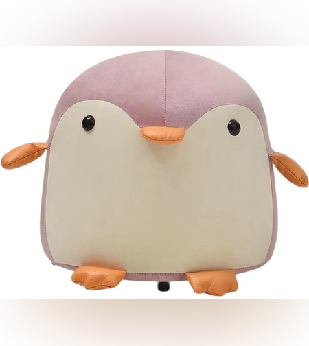 Taburet Pentru Copii, Flippy, Cadru din Lemn Masiv, 25 x 29 x 29 cm, Perna de Burete Elastica si Maner de Transport, in Forma de Pinguin, Roz