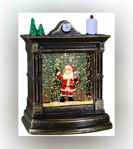 Decoratiune de Craciun tip Semineu / Ceas, Flippy, Glob de Cristal cu Fulgi de Zapada, Model Mos Craciun, Iluminare LED, 11.5 x 8.5 x 6.5 cm, Carcasa Vintage Bronze, Transparent