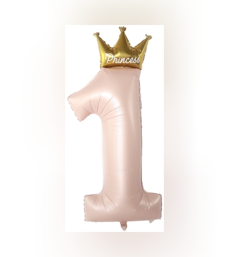 Balon din Folie Metalizata, Flippy, Figurina Cifra 1, Model Coroana Printesa, 91 cm, Ambalaj Individual, Pai inclus, Umflare cu Aer sau Heliu, Roz