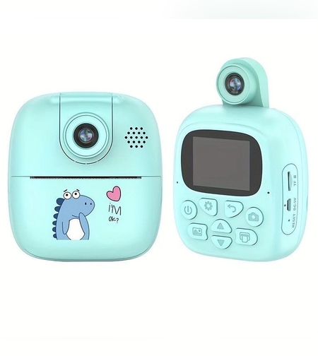 Camera Instantanee pentru Copii, Flippy, Camera Frontala + Selfie, cu Functie de Printare, Cablu USB-C, Bluetooth, Compatibil iOS/Android, Imprimare APP, Model Dino, Albastru
